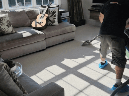 Technician cleaning a light carpet in a sunny Long Island living room
