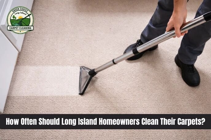 Technician deep cleaning a beige carpet in a Long Island home with a hot water extraction wand